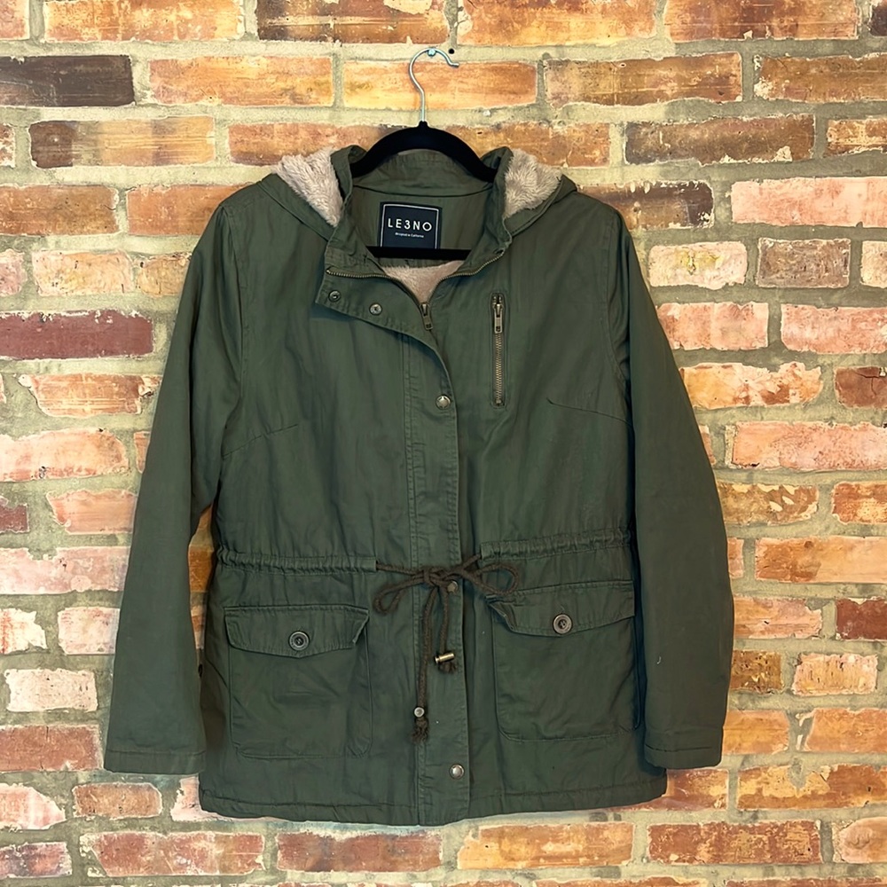 Green, fleece hood utility jacket with pockets